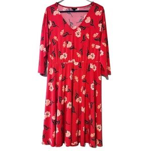 TORRID 2 (18/20) red floral studio knit skater dress 3/4 sleeves stretch waist